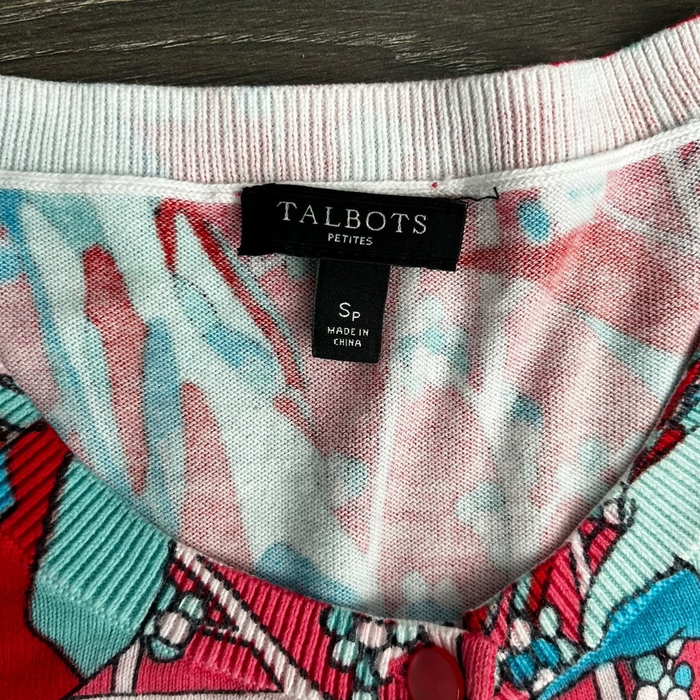 Talbots Bird Pink Blue 3/4 Sleeve Cardigan Sweater Small Petite Novelty Cottage - Picture 4 of 8